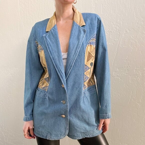Vintage Jackets & Blazers - Vintage 1980's Denim Faux Suede Embroidered Western Blazer Jacket